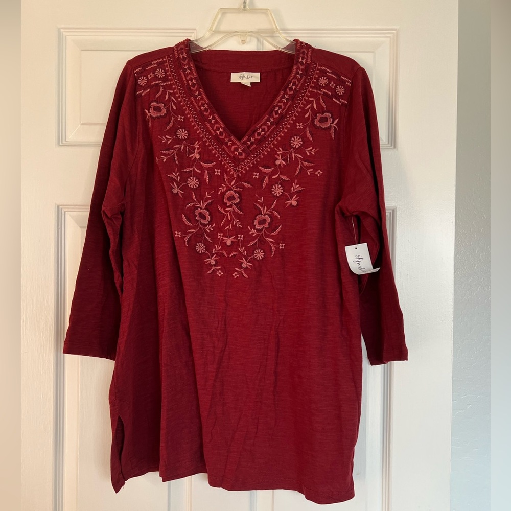 Style & Co. Burgundy Floral Embroidered Tunic NWT